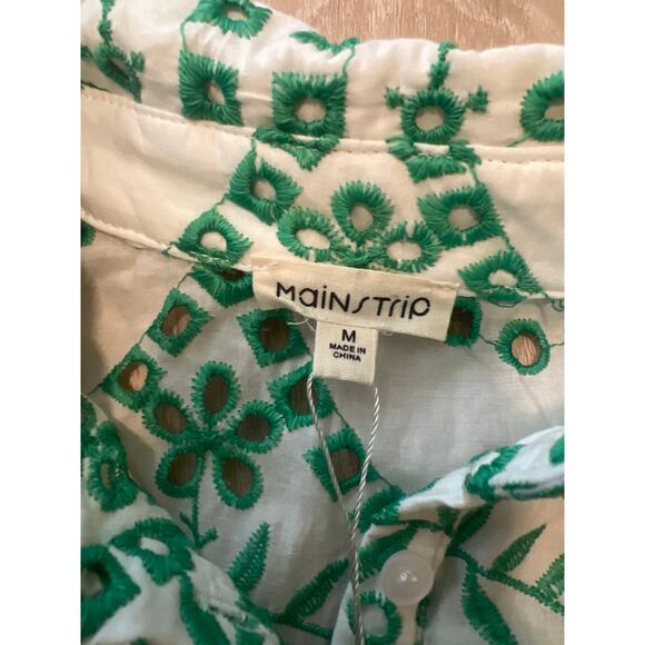 Main Strip NWT Eyelet Lace Puff Sleeve Romper Green White Boho Tropical Medium - Picture 5 of 8